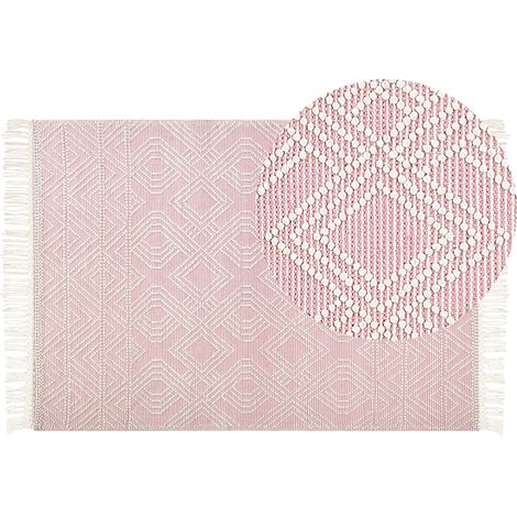Alfombra de lana rosa pastel blanco 160 x 230 cm poliéster geométrico borlas Adana