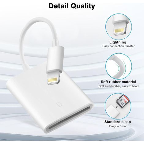 Adaptateur Lightning vers carte SD, lecteur de carte pour appareil photo iPhone et iPad, visionneuse de caméra extérieure plug-and-play, certifié MFi. (1/4)