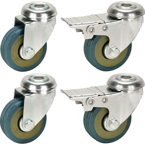 Roulettes Industrielles - Lot de 4 - Caoutchouc Rigide Gris - Avec Frein et Fixation M10 - Usage Intérieur Extérieur - Diamètre 50 mm (1/3)
