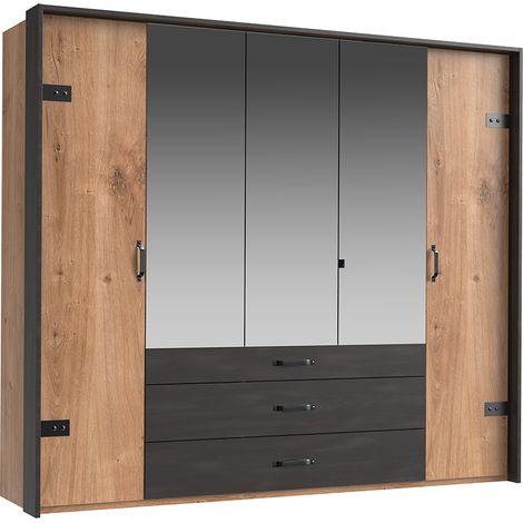 Kleiderschrank 5-trg., 250 cm, mit Passepartout, Eiche mit Stahl Nb., DAVENPORT-43 (1/5)