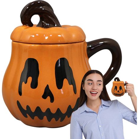 Halloween-Kaffeebecher, 350 ml Keramiktasse, niedliches und lustiges Halloween-Design Keramikbecher mit Deckel, perfekt für den Herbst, Kaffee, Saft, Milch, Getränke, Tee, Bier und mehr