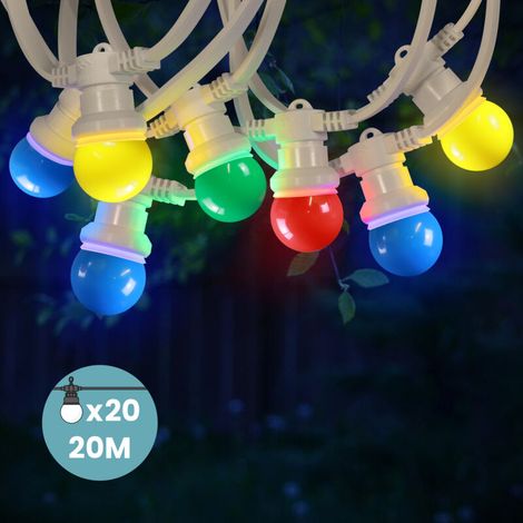 Guirlande Guinguette 20M Cable Blanc Bulbes Multicolores IP65 - Guirlande Electrique Exterieur 20 Bulbes Rouge Jaune Vert Bleu - Guirlande Guinguette Exterieur Boheme Déco pour Domaines et Parcs