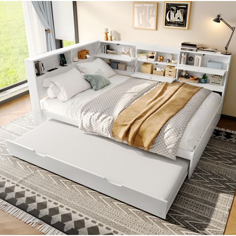 Bett Doppelbett Stauraum 140x200 ausziehbar Weiß HAVRYA (1/5)