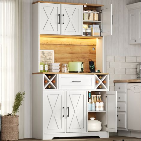 Alacena de cocina con LED, botellero y enchufe, MDF, blanco y natural HAVRYA (1/5)