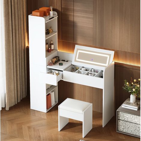 Toeletta 131x40x160 cm in legno bianco con specchio LED e USB, salvaspazio – MEUBLIV (1/5)