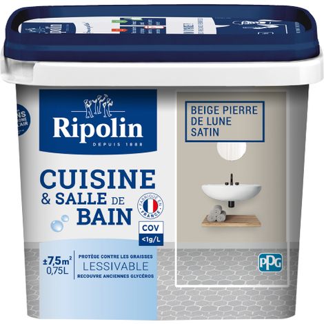 Peinture Murale spéciale Cuisine et Bain - Satin - 0,75L - Beige Pierre de Lune - Ripolin (1/5)