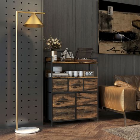 Cómoda con 7 cajones plegables de tela, armario de almacenamiento, cómoda con 2 estantes, estructura de acero para dormitorio, sala de estar, marrón rústico (1/5)