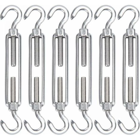 M5 Stainless Steel Cable Tensioners, 6 Pack Wire Rope Tensioner Hooks and Hooks, Adjustable Heavy Duty Tension Hooks and Wire Mesh for Shade Installation (1/4)