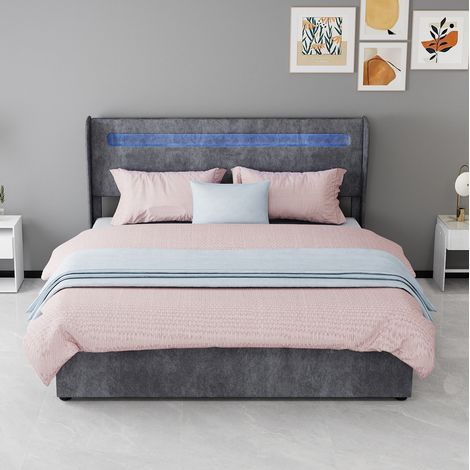 Cama tapizada con LED, 160x200 cm, respaldo ajustable, estructura estable, tela y metal, gris (1/5)