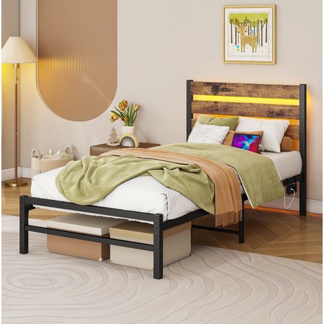 Cama dormitorio 120x200 metálica con LED USB marrón OKMYHOME (1/5)