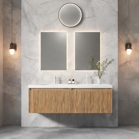 Meuble sous vasque suspendu 2 tiroirs 140 cm blanc chêne en resin (1/5)