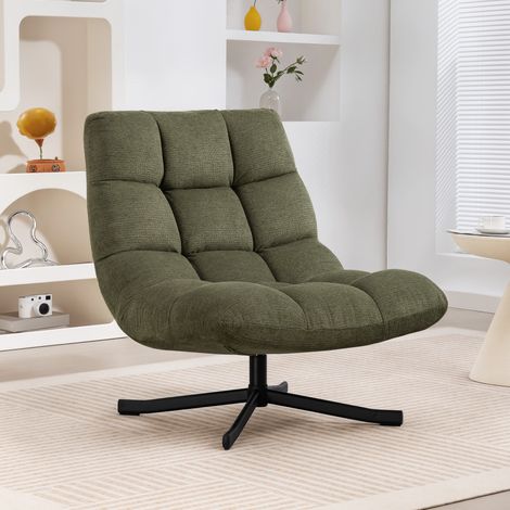 Fauteuil pivotant avec assise large, aspect chenille déperlant, pieds croisés en acier, vert (1/5)