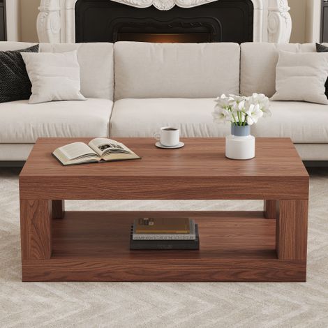 Table basse moderne à deux niveaux pour salon : une table centrale rectangulaire dotée d'une étagère de rangement ouverte. Cette table basse à double plateau est fabriquée en MDF. Robuste et durable,