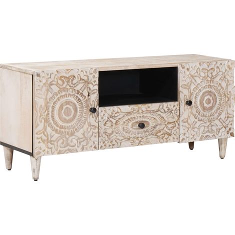 vidaXL TV Cabinet with Door White 105 x 33.5 x 46 cm Solid Mango Wood