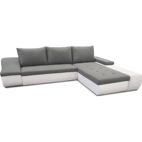 Mobilier Deco – Canapé d'angle convertible avec coffre de rangement – Tissu gris et simili cuir blanc – Méridienne à droite – Angle droit (1/3)