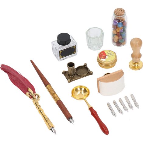 Ensemble de cire à cacheter pour calligraphie avec stylo à plume, tampon absorbant l'encre, stylo à plume nacré, porte-plume vintage, stylo rouge vin nacré. (1/5)