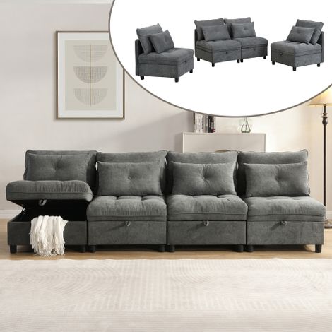 Cапарé relax, canapé 4 places avec espace de rangement, convertible en canapé-lit, en tissu, gris