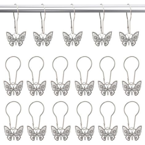 Lot de 12 crochets de rideau de douche en forme de papillons argentés Adorables crochets de rideau de douche, décoration estivale pour salon, chambre à coucher et salle de bain (1/5)