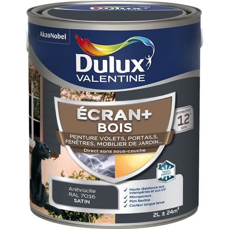 ECRAN+ BOIS - Peinture satinée pour bois extérieur - Volets, portes, fenêtres, portails - Gris Anthracite 2 L - Dulux Valentine