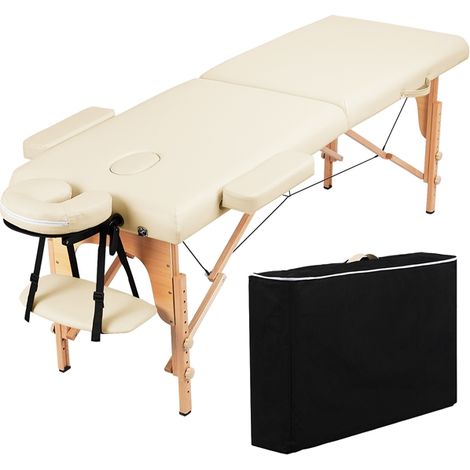 Yaheetech Table de Massage Portable Pliable à 2 Zones Charge 250 kg en Bois Hêtre Hauteur Réglable avec Appuie-tête Amovible Sac de Transport 213 x 60 cm/Crème