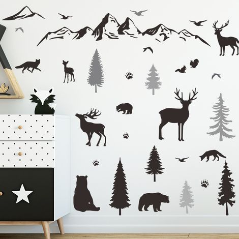 BEBUSINGOTO Wald-Wandaufkleber für Kinderzimmer, Wald-Wandaufkleber, Vinyl-Tapete, Wald, Kiefer, Wald, Dekor, Wald, Tier, Bär, Hirsch, Wandaufkleber für Weihnachten, Kinder, DIY-Schlafzimmer (1/5)