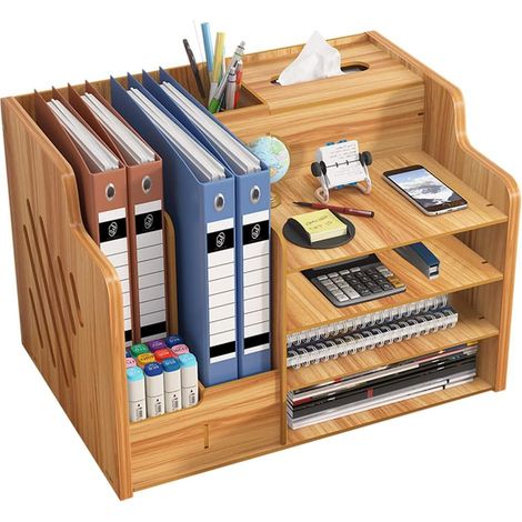 Schreibtisch-Organizer aus Holz mit großem Fassungsvermögen – Aufbewahrungsbox für Bürobedarf – Aufbewahrungsbox für A4-Papiere, Bücher, Dokumente und Notizbücher (Kirschholz) (1/5)