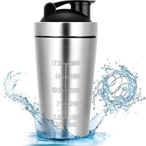 Tragbarer Edelstahl-Shaker 500 ml silber, Protein-Mixbehälter, Reiseflasche aus Metall, robuster Sport-Shaker, BPA-frei, auslaufsicherer Deckel, Fitnessgerät. (1/4)