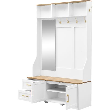 Armario recibidor zapatero con LED, espejo, percheros y banco MDF blanco y madera HOMVRA (1/5)