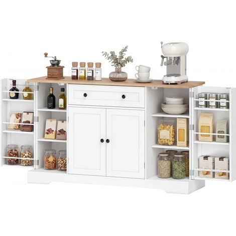 Weißes Küchen-Sideboard 138x40x83,5cm mit Schublade, 4 Türen, verstellbaren Einlegeböden und 6 Türfächern