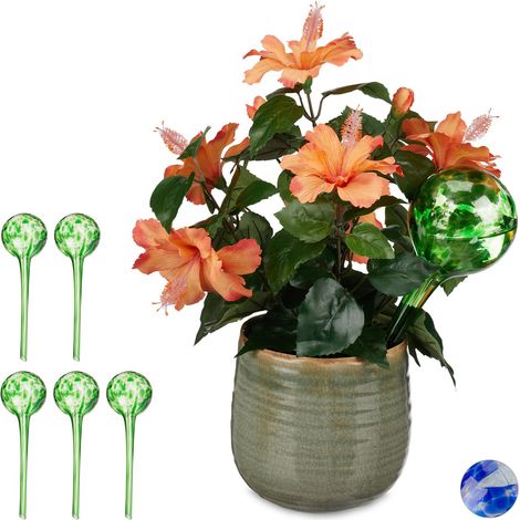 Set of 6 Relaxdays Watering Globes, Regulated Plant Irrigation for Office & Holiday, Glass, Ø9 cm, Green