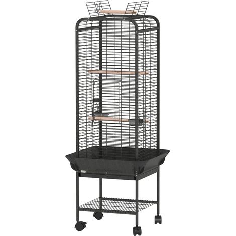 Cage pour perroquet avec roulettes, perchoirs, mangeoires, étagère et plateau amovible, 62,5 x 62,5 x 146 cm, gris foncé (1/5)