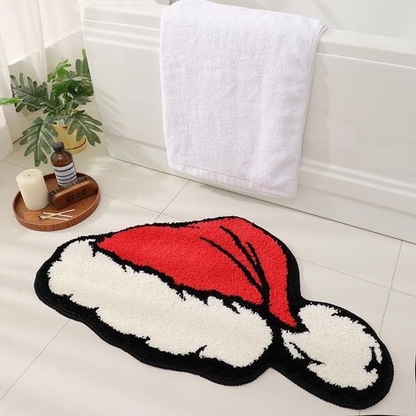 Niedliche Badematte mit Weihnachtsmannmütze fürs Wohnzimmer, weiche und lustige Badematte, rutschfest und maschinenwaschbar, wasserabsorbierend, rutschfest, Größe L (1/5)