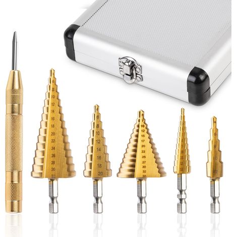 5-teiliges Set Metall-Stufenbohrer mit HSS-Aluminium-Werkzeugkoffer – Profi-Set mit automatischer Bohrfunktion: 4–12 mm/3–13 mm/4–20 mm/4–32 mm/5–35 mm