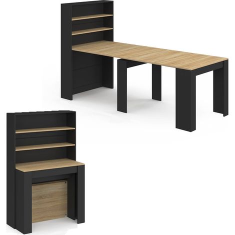 Idmarket – Table buffet haut extensible 8 personnes – Bois noir et hêtre – Dimensions 235 cm x 90 cm – 4 rallonges de 47 cm pour gain de place (1/5)
