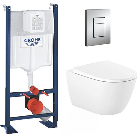 Grohe Pack WC autoportant avec cuvette Roca sans bride et fixations invisibles + abattant Soft Close + Plaque chrome (ProjectOna-1) (1/5)