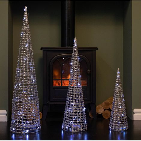 Set of 3 Silver Glitter Twist Christmas Cone Trees with 90 Cool White LEDs (1/5)
