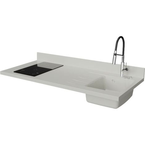Plan de travail monobloc PlaniQuartz avec évier - 140 cm - Snova - évier à droite - Plaque de cuisson Induction