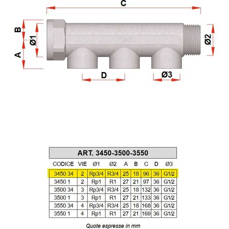 3450 - Collettore maschio-femmina cromato INT. 36 mm - Misura 3/4" - 2 derivazioni 3450 34