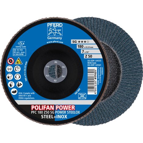 PFERD TOOLS POLIFAN POWER Fächerscheibe PFC 180x22,23 mm konisch Z50 Leistungslinie SG STEELOX für Stahl/Edelstahl 10 Stk (1/5)
