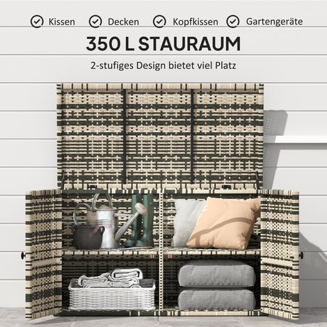 Coffre de rangement en rotin gris chiné 350 L, 2 compartiments avec couvercle, poignées de transport et barres de levage. Dimensions : 118 x 57 x 69 cm. (1/4)
