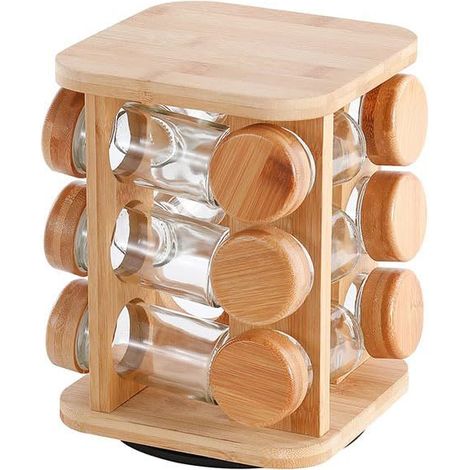 Étagère à épices rotative en bambou : 18,5 x 18,5 x 23 cm, peut contenir 12 pots pour un accès facile - Organisateur de cuisine multifonctionnel pour les cuisiniers amateurs (1/5)