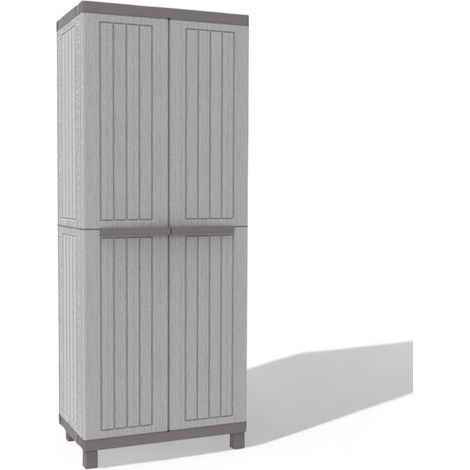 Armario alto de material termoplástico gris efecto madera con dos puertas con 3 estantes regulables con apertura de 180 grados 170x68x39 cm