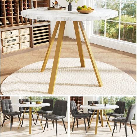 Runder Esstisch 80x80x75 cm Weiß und Gold aus MDF und Metall mit robuster Konstruktion (1/5)