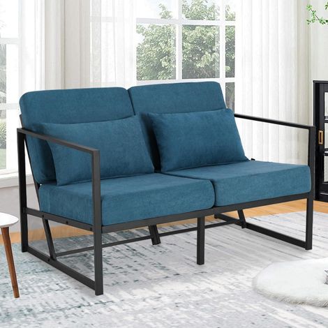 2-Sitzer Sofa mit Armlehnen, gepolstert, blau, Eisenbeine (1/5)