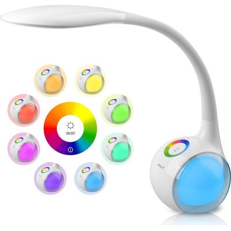 Kinder-Schreibtischlampe mit RGB-Nachtlicht, dimmbare LED-Nachttischlampe, Touch-LED-Lampe mit Farblicht und 3 Helligkeitsstufen, Weiß (1/5)