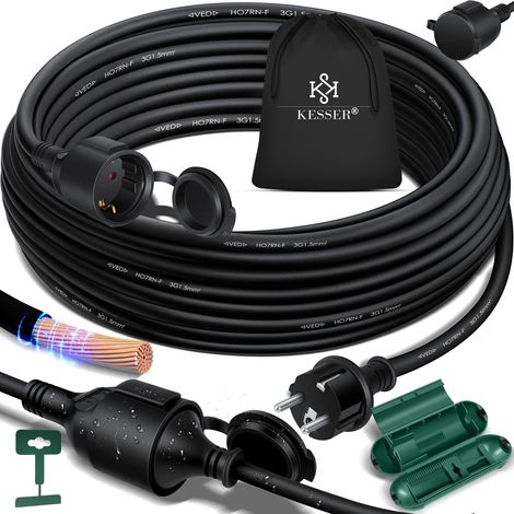 KESSER® Verlängerungskabel mit Schutzkappe Outdoor - für Innenbereich Außenbereich - Verlängerung Stromkabel 230 V IP44 - mit Schuko Stecker Schwarz / 15m