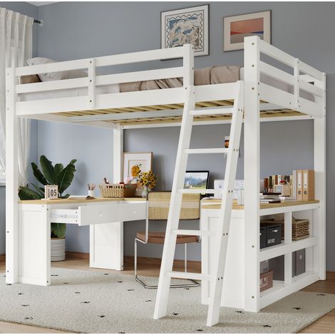 Bett Hochbett 140x200 cm aus Massivholz und MDF, Weiß+Natur, mit U-förmigem Tisch und 2 Schubladen (1/5)