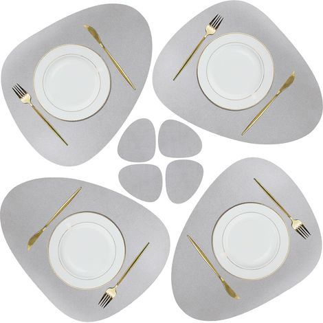 Set de Napperon et sous-Verres en Cuir, Tapis de Table de Noël Antidérapants Essuyables Imperméables pour Cuisine Intérieure Table à Manger Restaurant Fête Barbecue Extérieur (Gris Clair) (1/5)