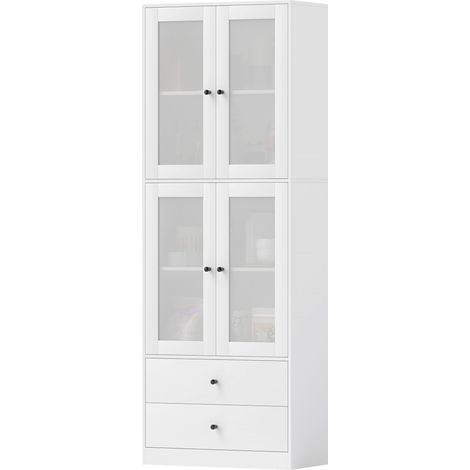 Meuble de cuisine avec tiroirs et portes vitrées, surface en mélamine, blanc (1/5)