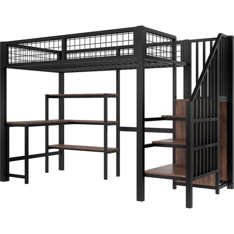 Letto a soppalco 90 x 200 cm in metallo e MDF con scrivania, scaffali e armadio, nero (1/5)
